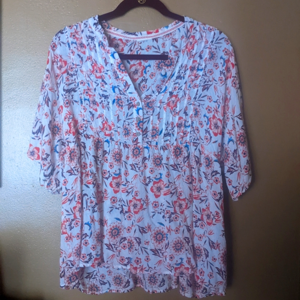 Turquoise Coral White Floral print lightweight Top Women's XL